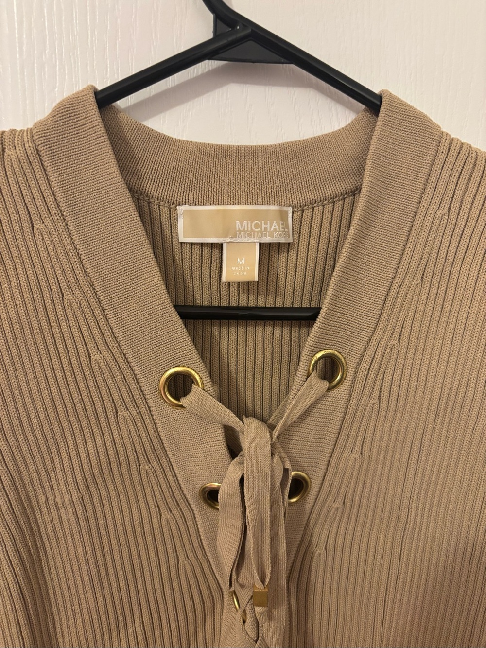 Michael Kors Taupe Lace-Up V-Neck Ribbed Sweater Dress